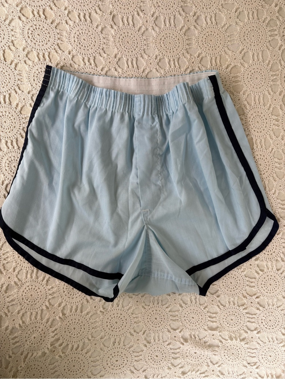 Vintage 70s Light Blue Men’s Boxer  Shorts with Navy Trim